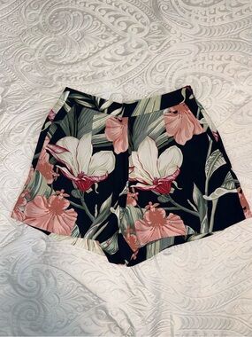 Ann Taylor Black High-Waist Floral Shorts with Pink & Green Print